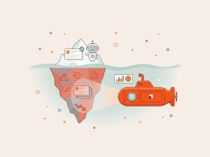 Illustration of an iceberg where a smiling AI bot and a support ticket marked "resolved" sit on the small visible tip, while warning icons, frustrated faces, repeating tickets, and a downward revenue arrow hide underwater. A Klarion submarine explores beneath the surface, shining a light on the hidden friction and displaying a chart and dollar metric.