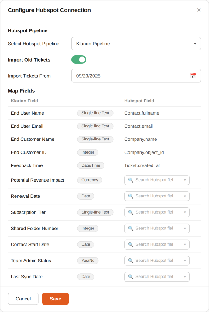 HubSpot field mapping — map custom fields like renewal date, subscription tier, and NPS score