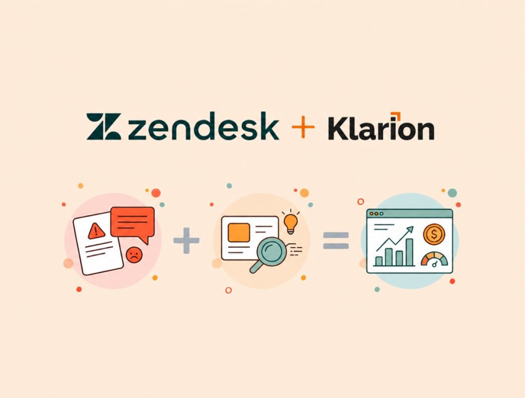 Zendesk plus Klarion partnership graphic showing a support ticket with a warning icon and frustrated face, plus a magnifying glass analyzing data, equaling an analytics dashboard with charts, revenue metrics, and an upward trend.