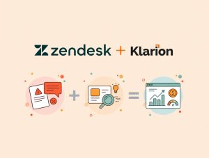 Zendesk plus Klarion partnership graphic showing a support ticket with a warning icon and frustrated face, plus a magnifying glass analyzing data, equaling an analytics dashboard with charts, revenue metrics, and an upward trend.