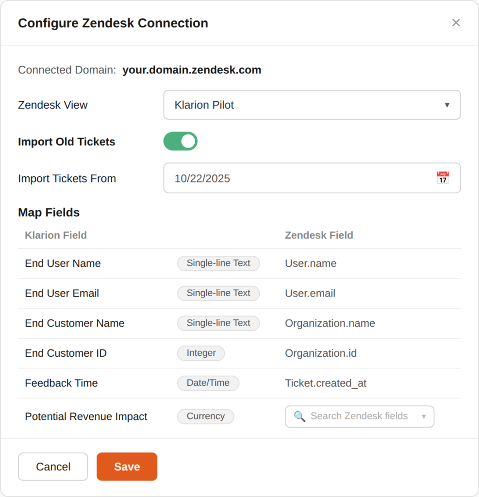 Configure Zendesk connection — select view, set import date, and map fields