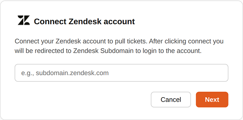 Connect Zendesk account — enter your subdomain to get started